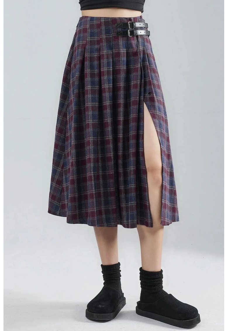 Fusta midi plisata carouri - talie inalta - gri/rosu