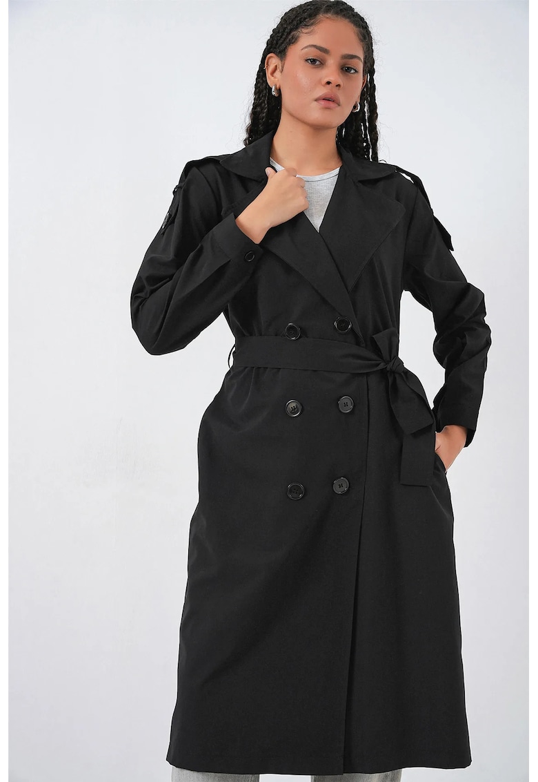 Trenci dama - lung - doua randuri de nasturi - negru - textil