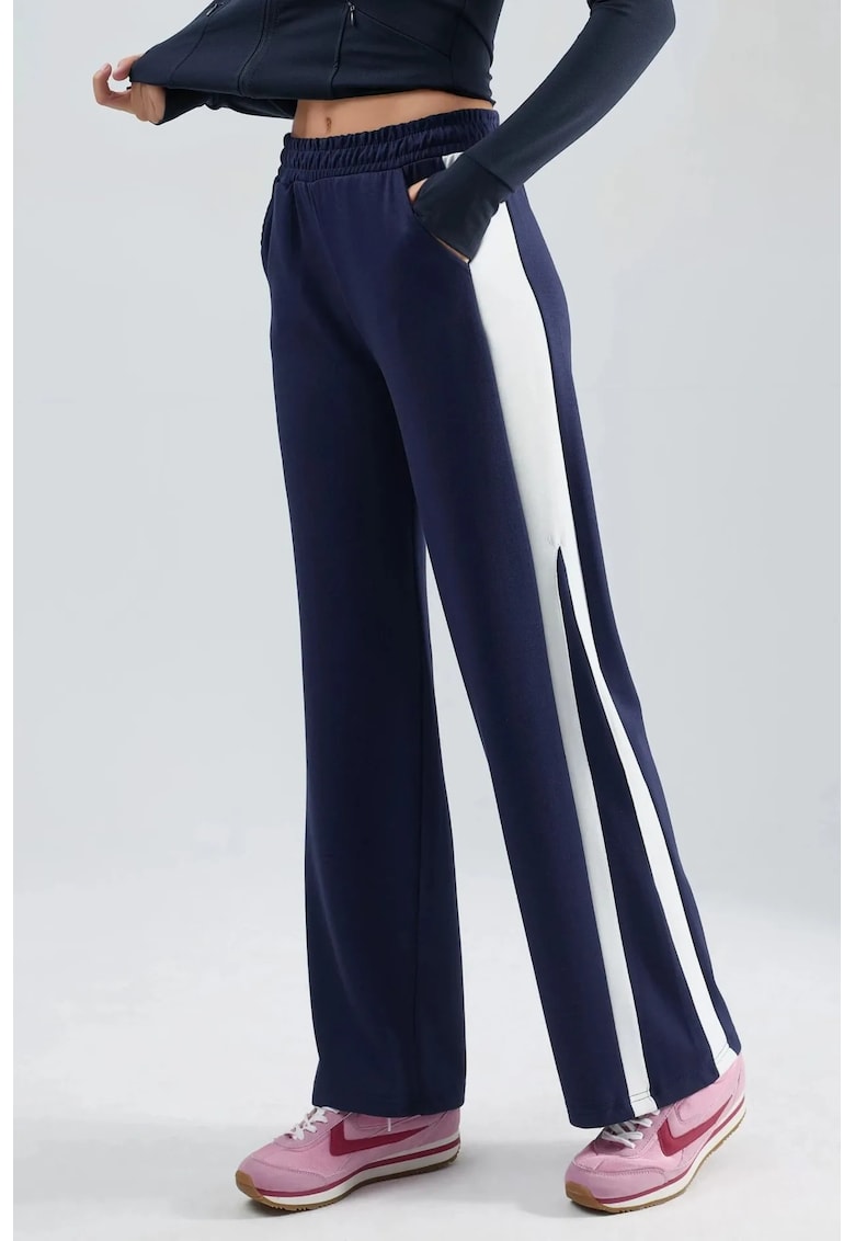 Pantaloni dama - talie inalta - picior larg - bleumarin - textil