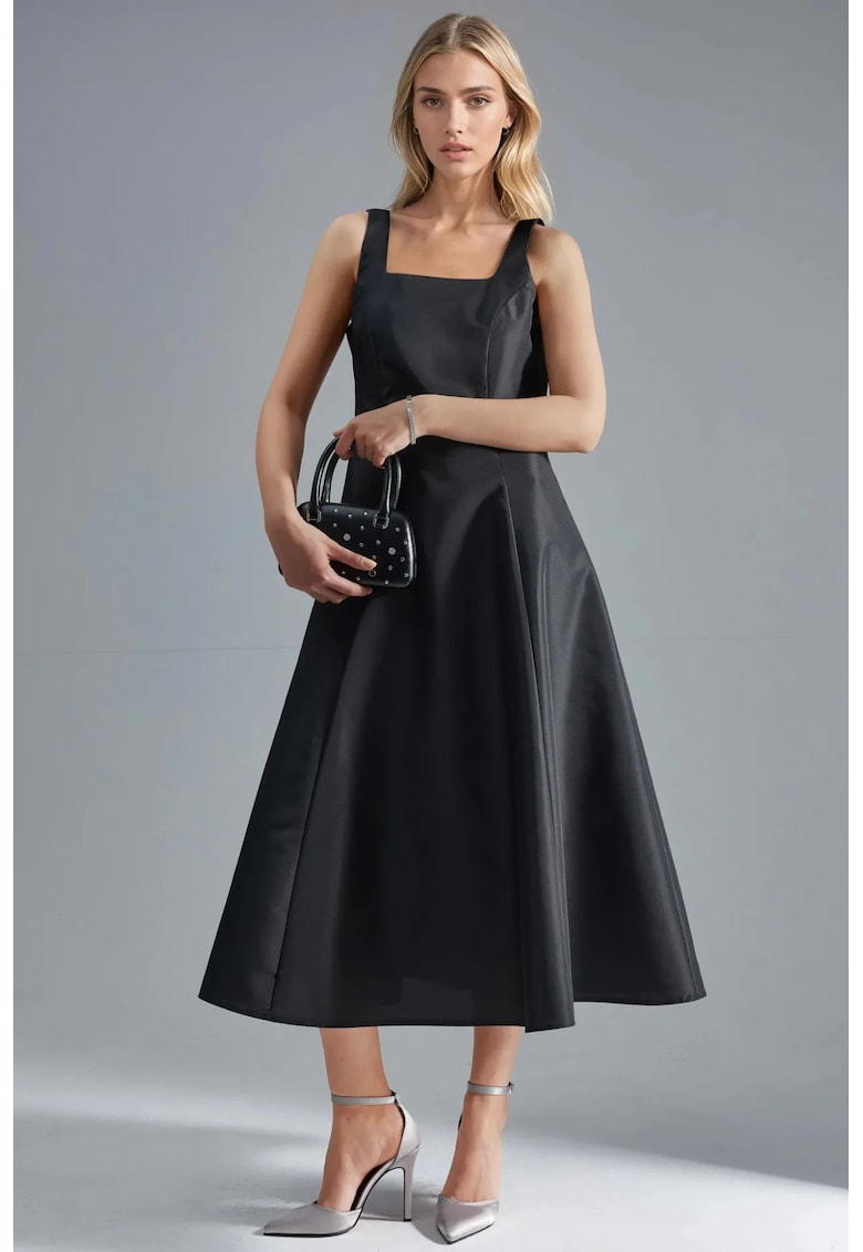 Rochie midi guler patrat - negru - textil
