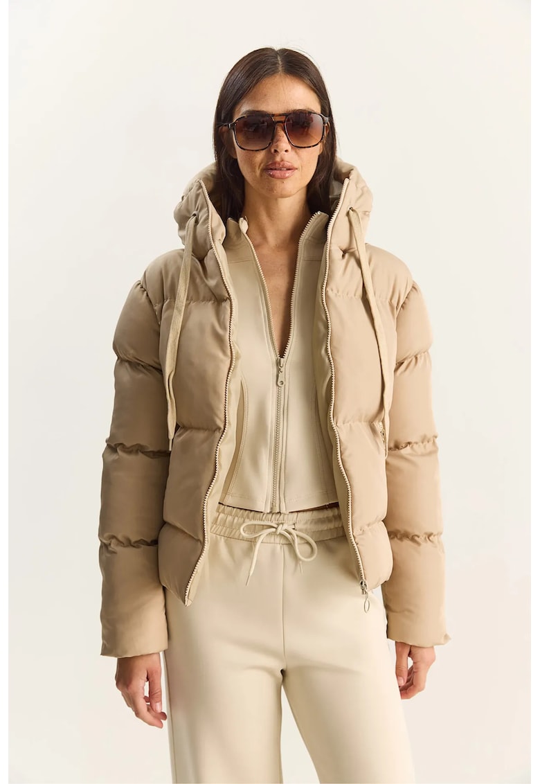 Geaca matlasata - cu gluga - textil - bej