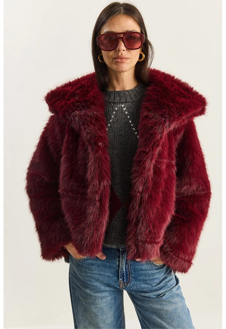 Palton scurt dama - supradimensionat - visiniu - blana artificiala