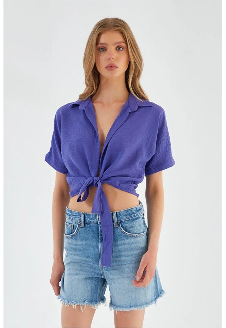 Camasa dama - scurta - slim fit - decolteu in V - mov - textil