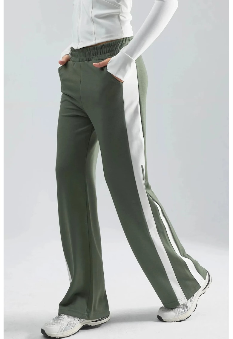 Pantaloni dama - talie inalta - picior larg - verde kaki - textil