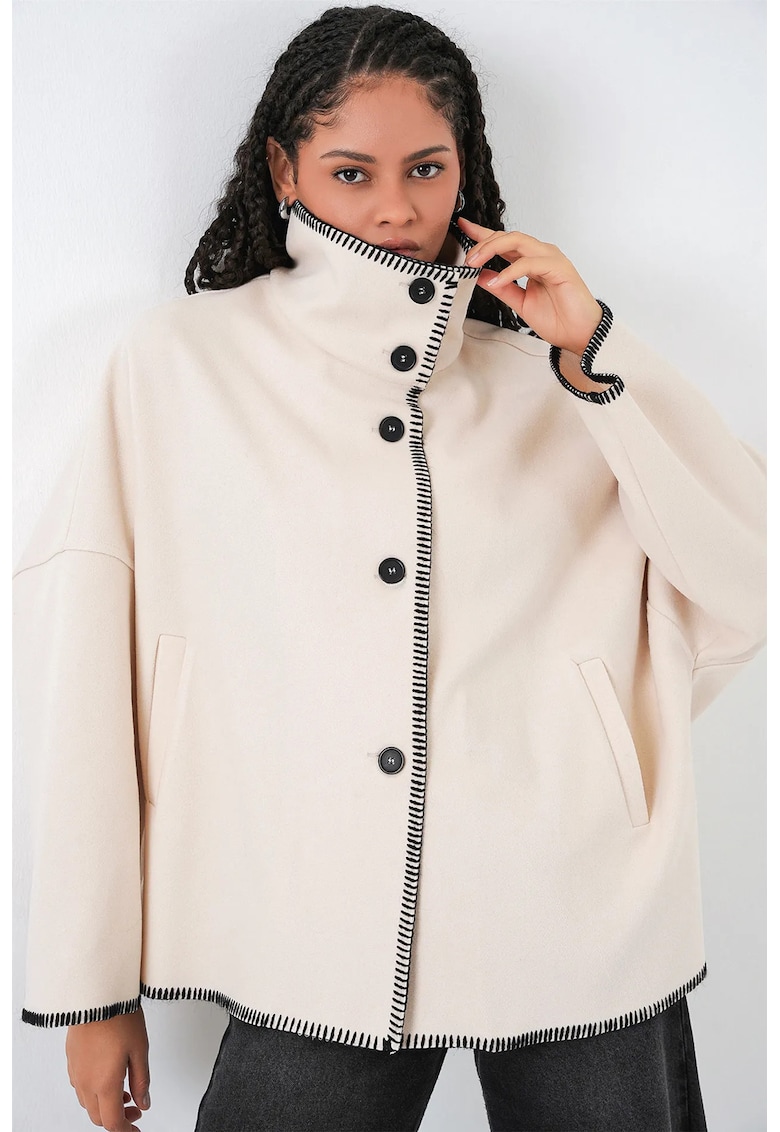 Geaca dama textil - guler pe jumatate - ivoire - cusaturi decorative - Natur