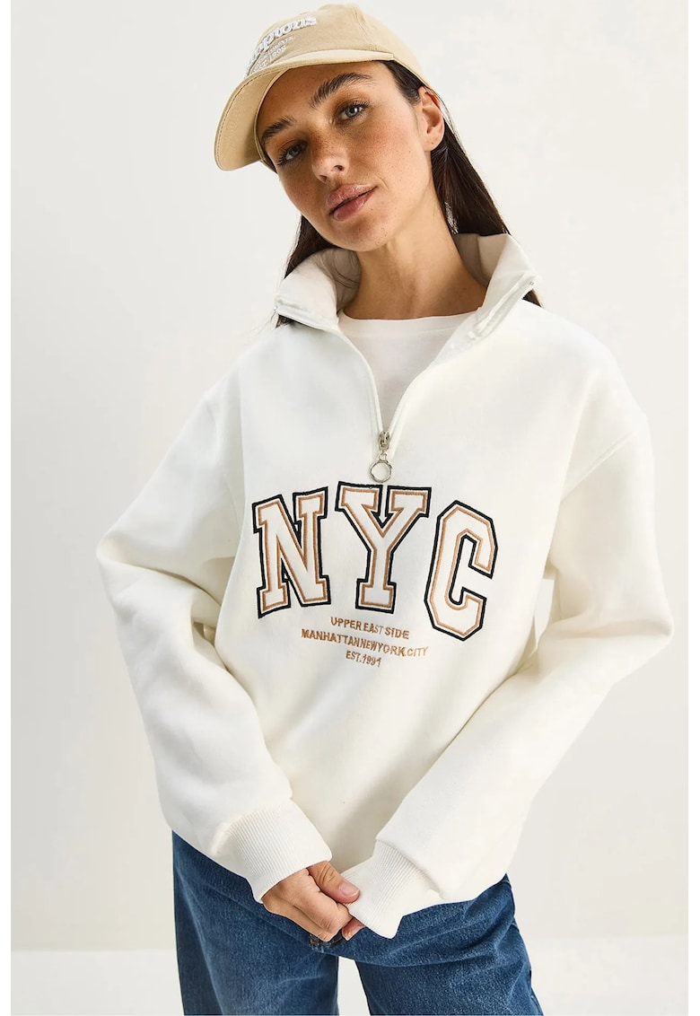 Hanorac dama - tricotat supradimensionat - guler cu fermoar - alb - poliester