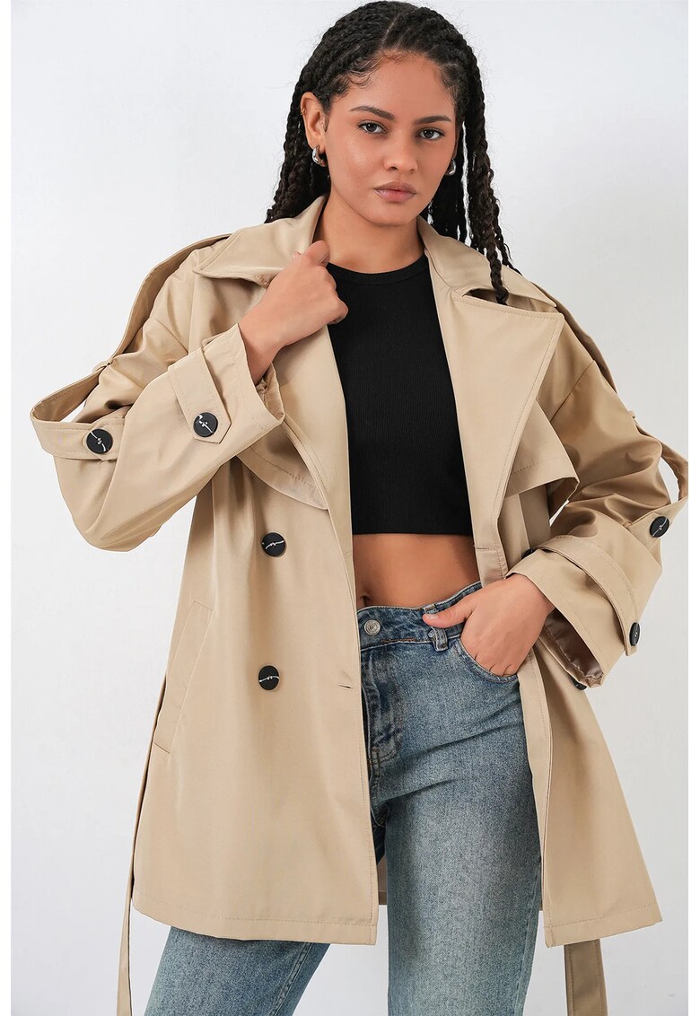 Trenci dama - cu nasturi - bej natural - textil