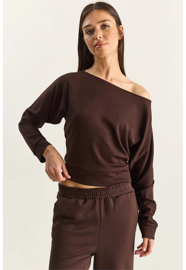 Bluza dama - cu decolteu asimetric - maro - jerseu