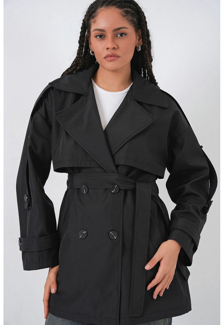 Trenci dama - cu doua randuri de nasturi - negru - textil