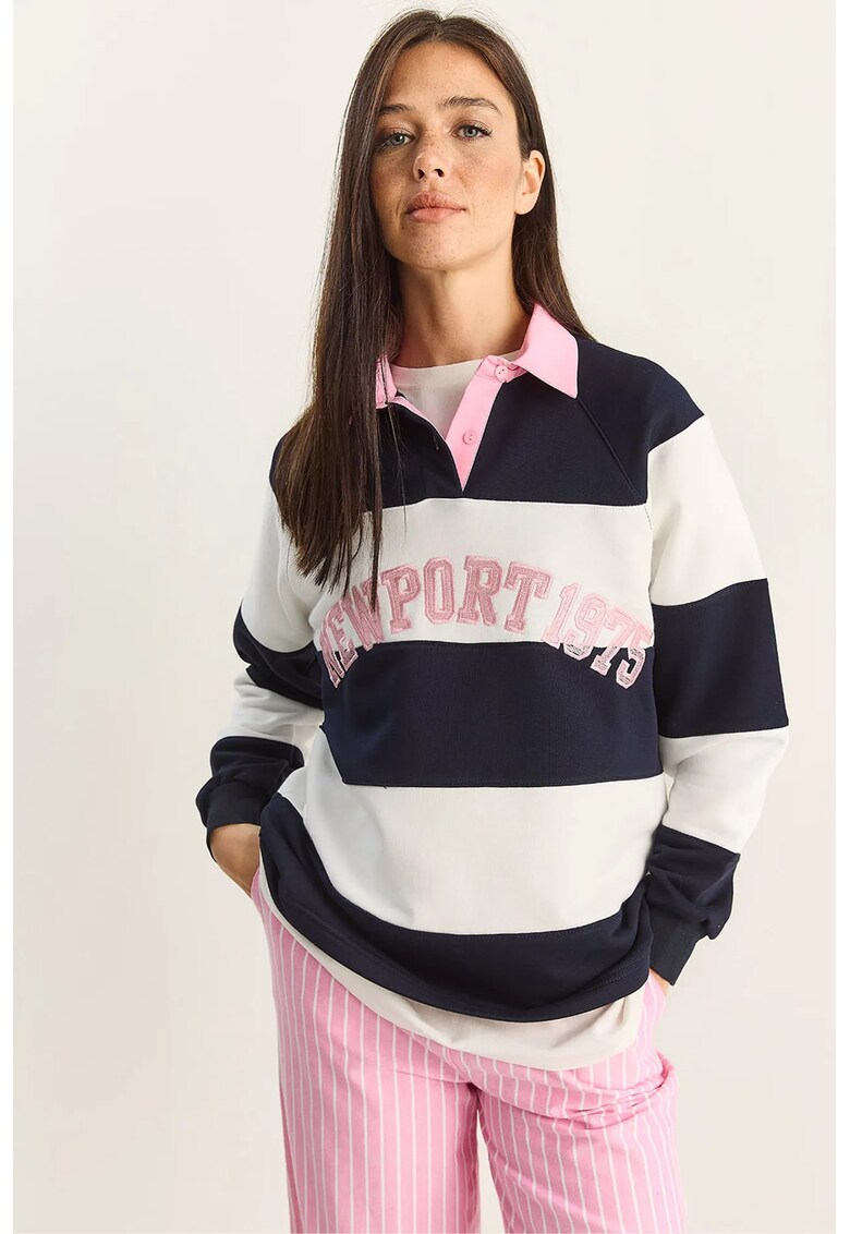 Hanorac dama supradimensionat cu guler polo si broderie - multicolor - textil