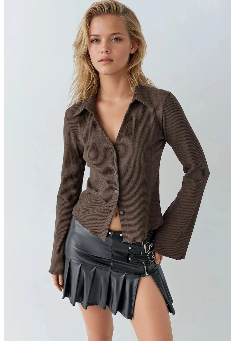 Camasa dama - texturata - maneca lunga - maro mocha inchis - jerseu