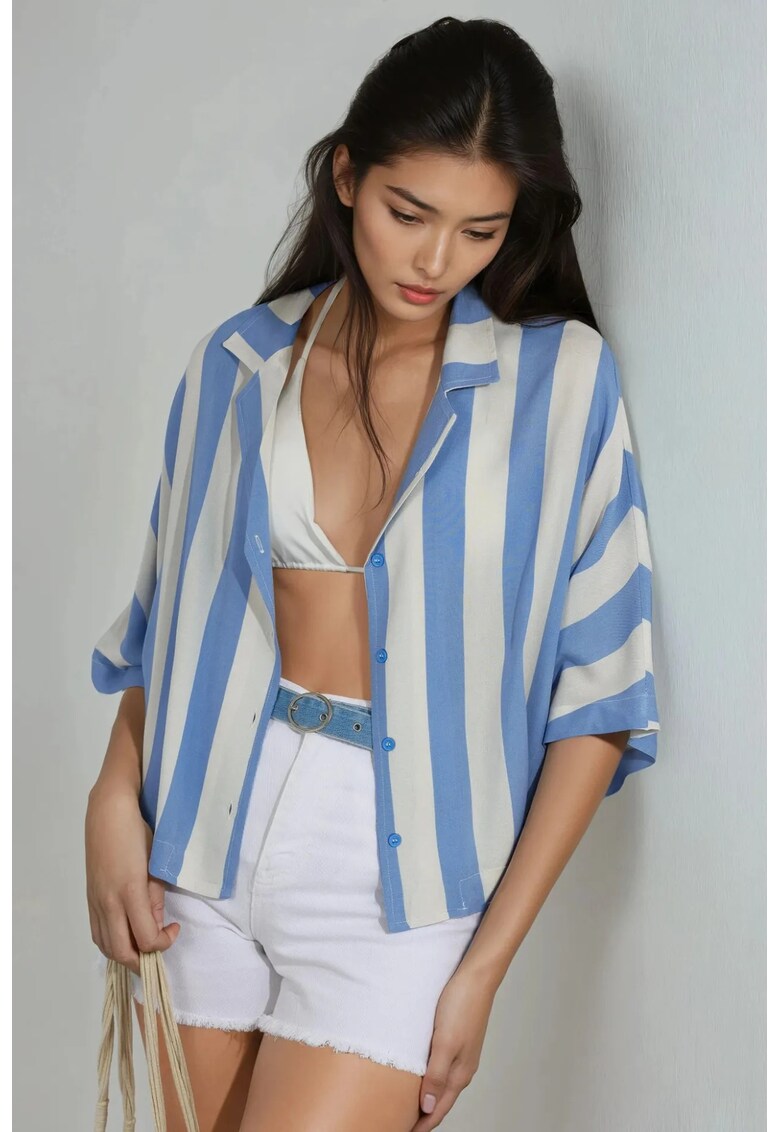 Camasa dama - cu dungi si nasturi - albastru deschis/alb - textil