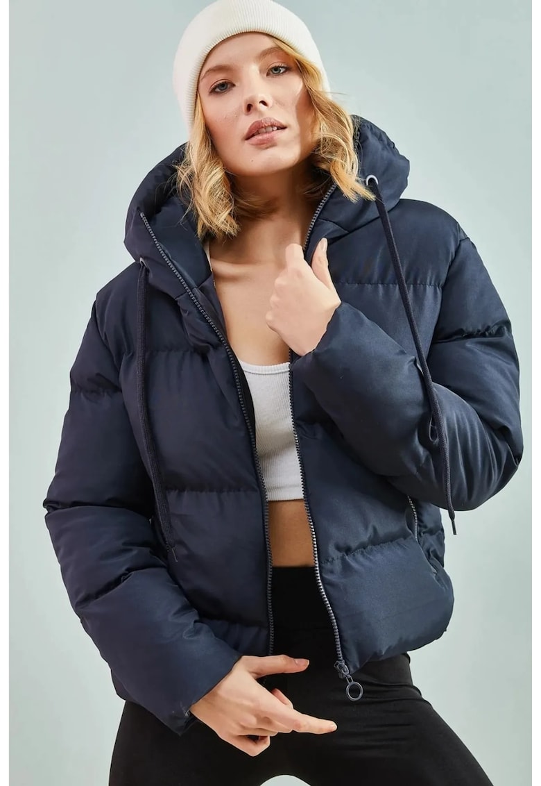 Geaca matlasata cu gluga bleumarin - textil