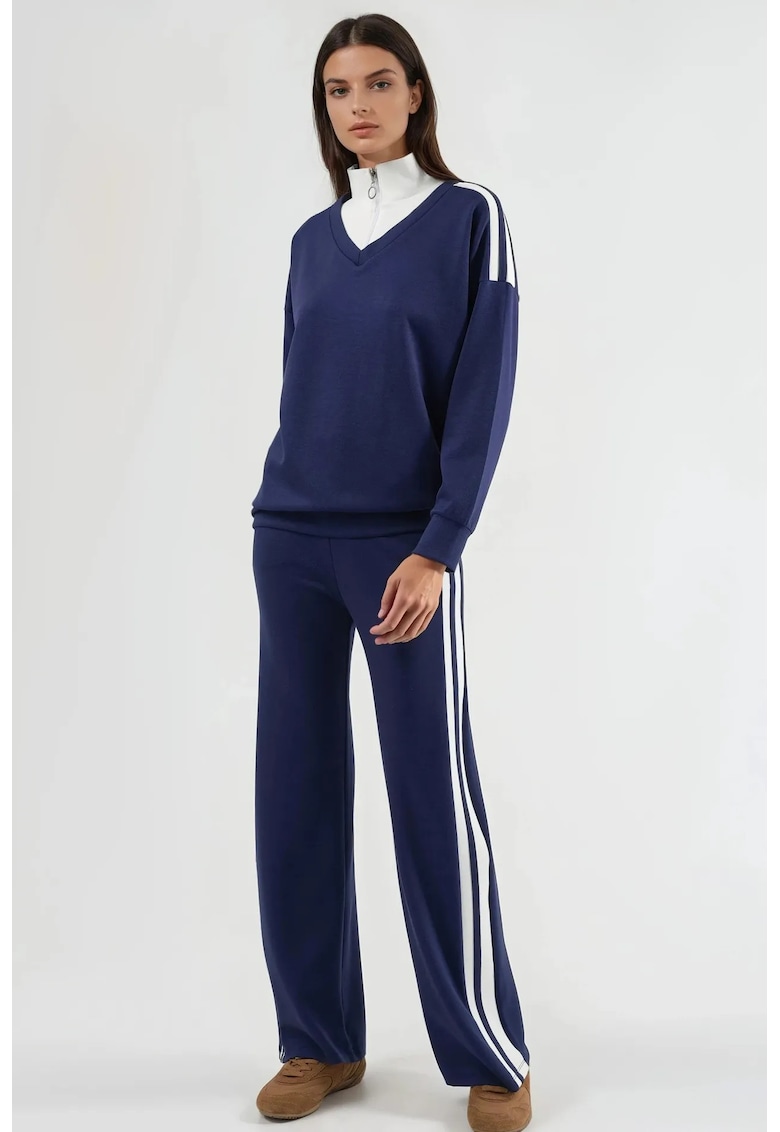 Set coordonat din doua piese - guler cu fermoar - pantaloni largi - bleumarin - tricotat
