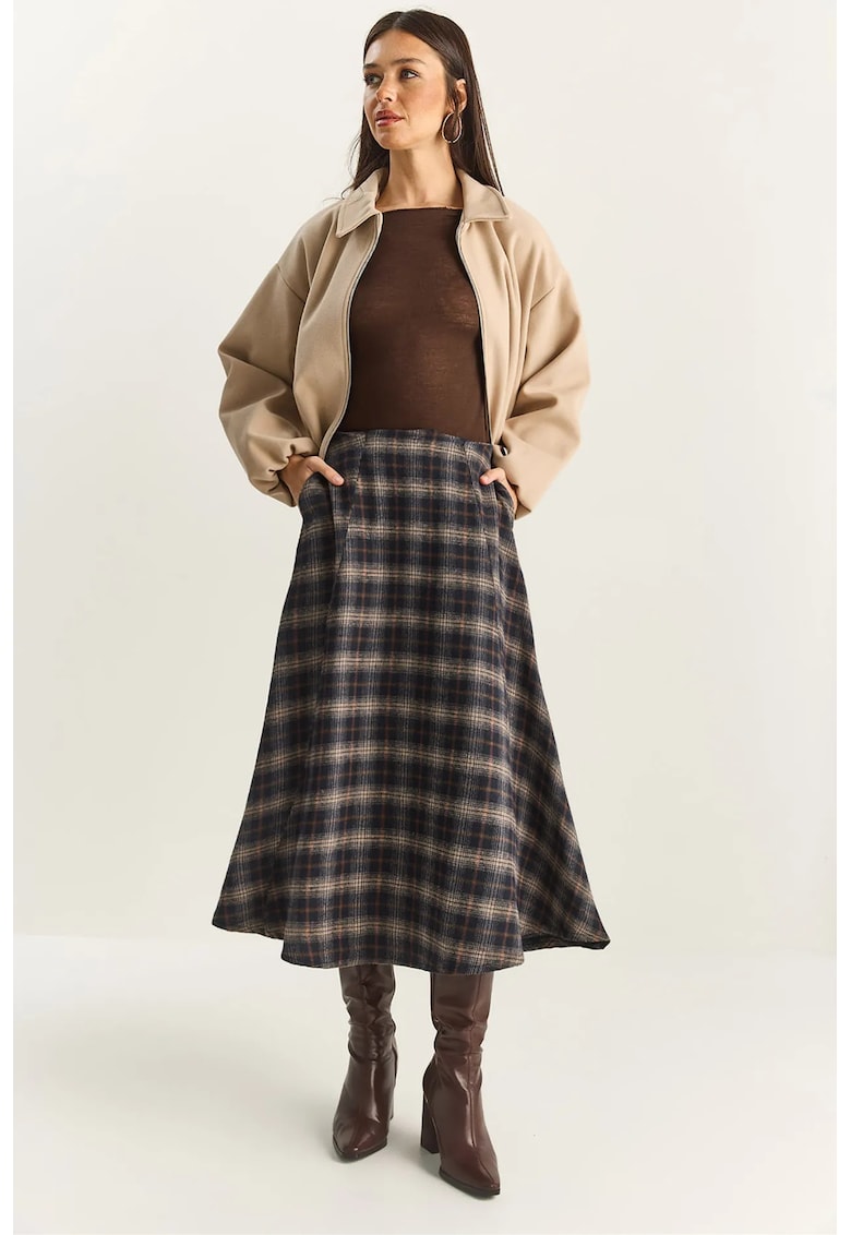 Fusta midi - talie inalta - textil - bej/negru