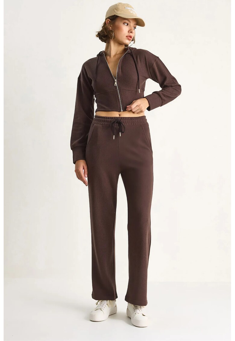 Set din doua piese - hanorac cu gluga si pantaloni largi - maro cafeniu -