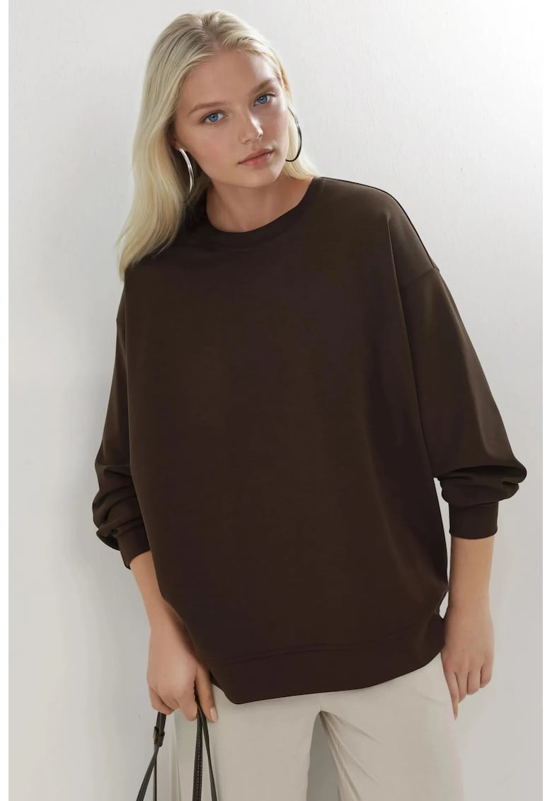 Hanorac dama - tricotat - croiala relaxata - maro cafeniu - textil - Maro cafeniu