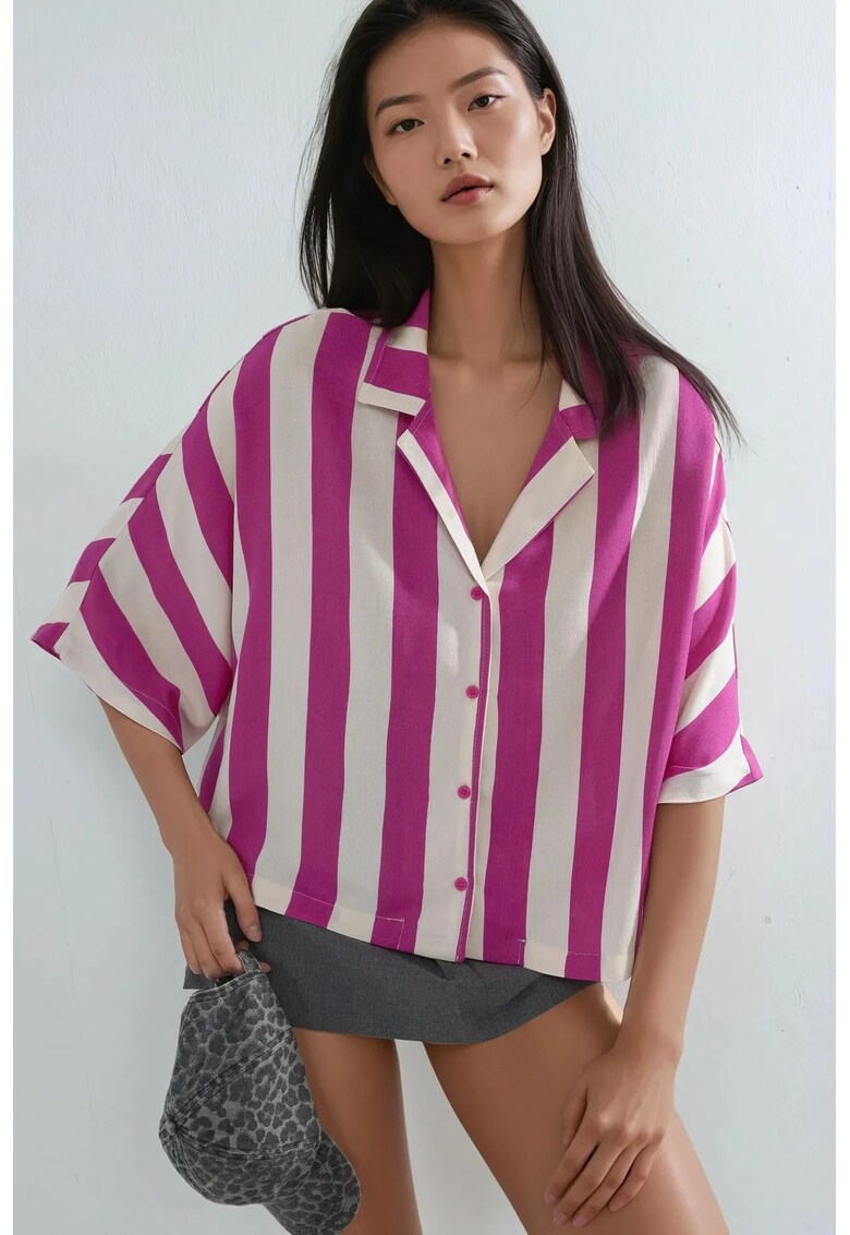 Camasa dama - cu nasturi si dungi - roz magenta/alb - textil