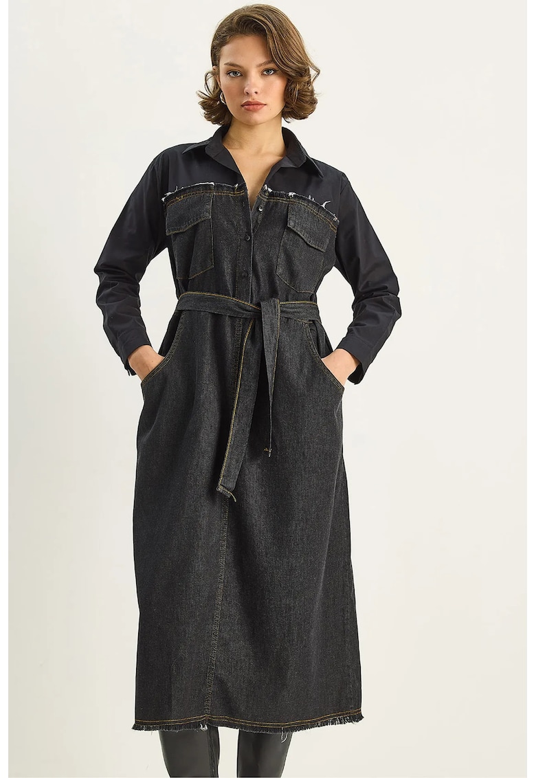 Rochie midi - denim - guler de camasa - negru