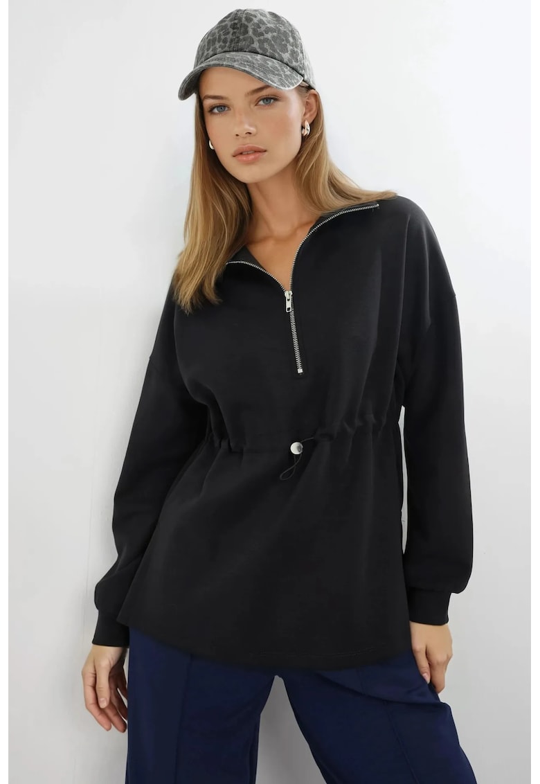 Hanorac cu guler cu fermoar - negru - textil - Negru