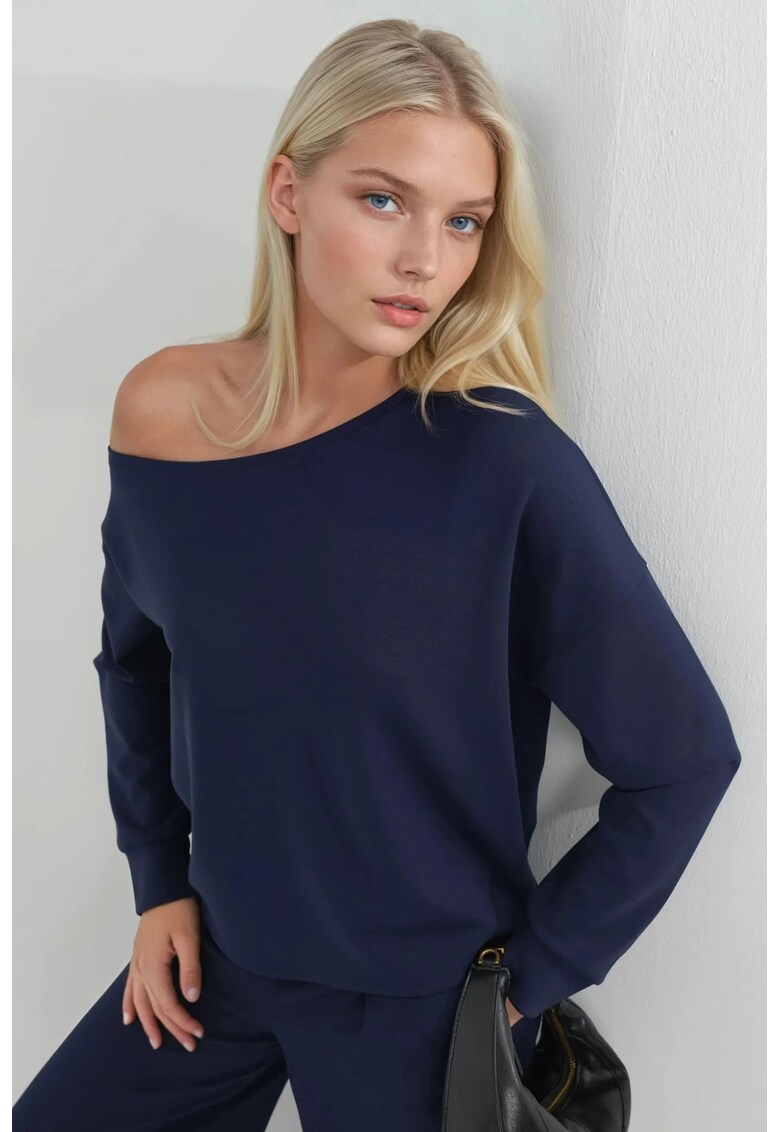 Hanorac dama guler asimetric - croiala lejera - bleumarin - textil
