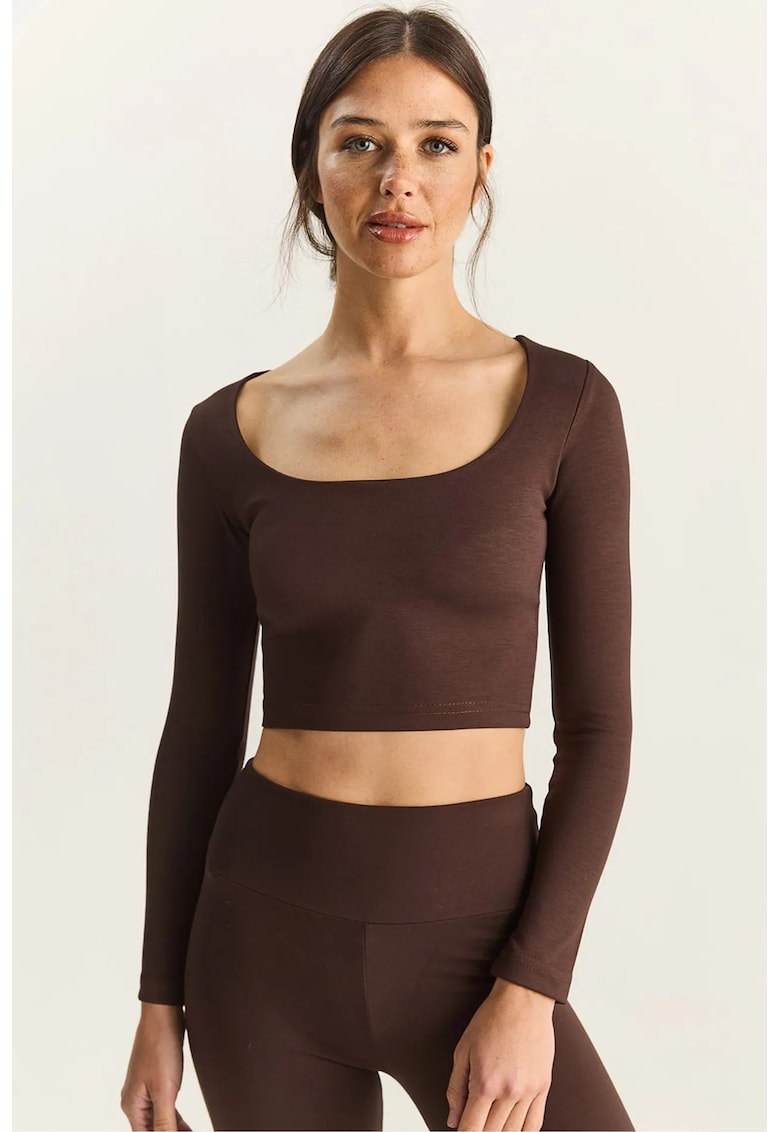 Bluza dama - tip Crop Top - jerseu - maro mocha inchis