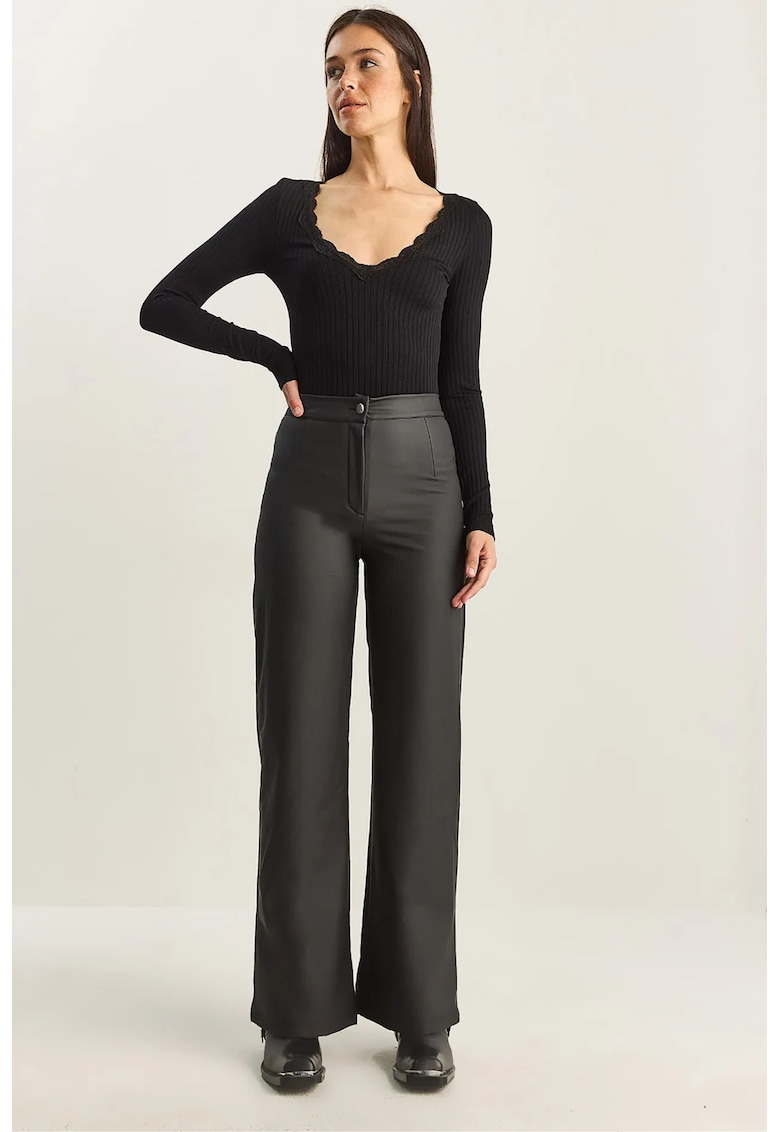 Pantaloni dama - Lucci - talie inalta - negru - imitatie de piele - Negru