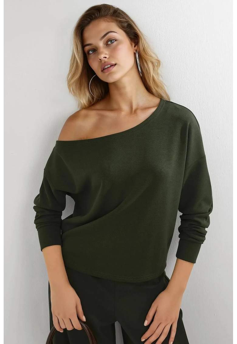 Hanorac femei - guler asimetric - croiala relaxata - verde padure - textil