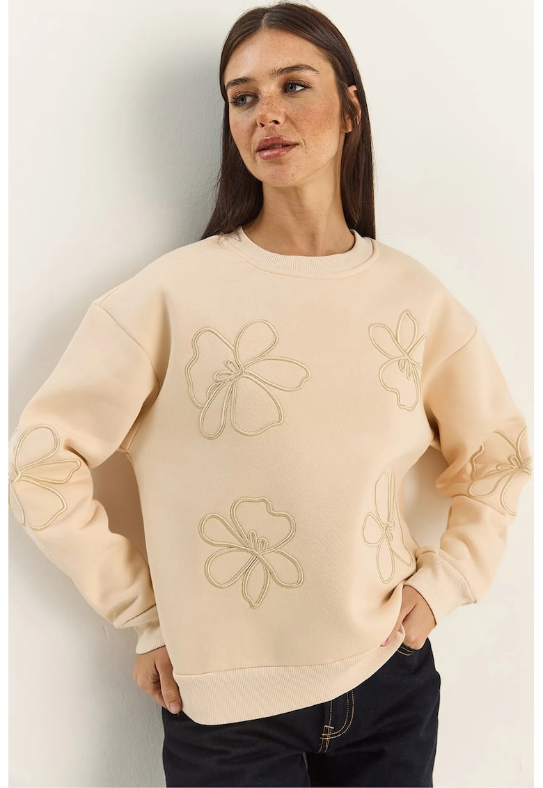 Hanorac dama - maneci lungi - guler rotund - bej natural - textil