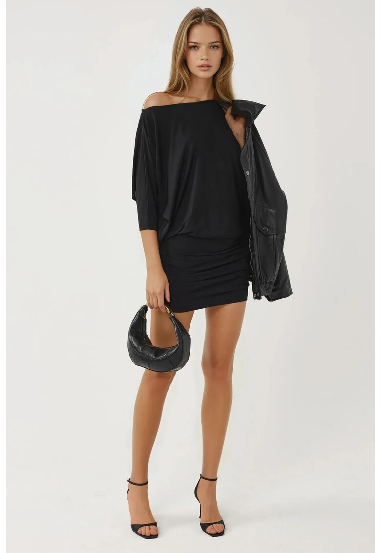 Rochie Mini - Guler Asimetric - Negru - Jerseu