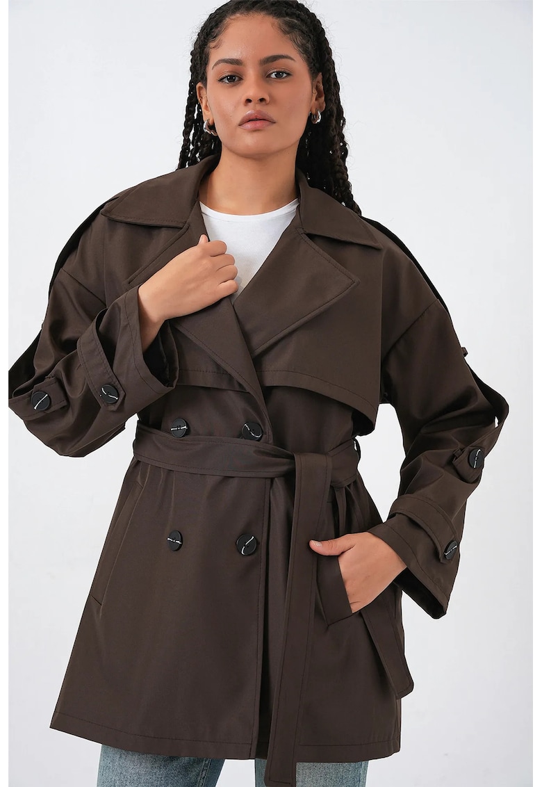 Trenci dama - cu doua randuri de nasturi - maro mocca - textil