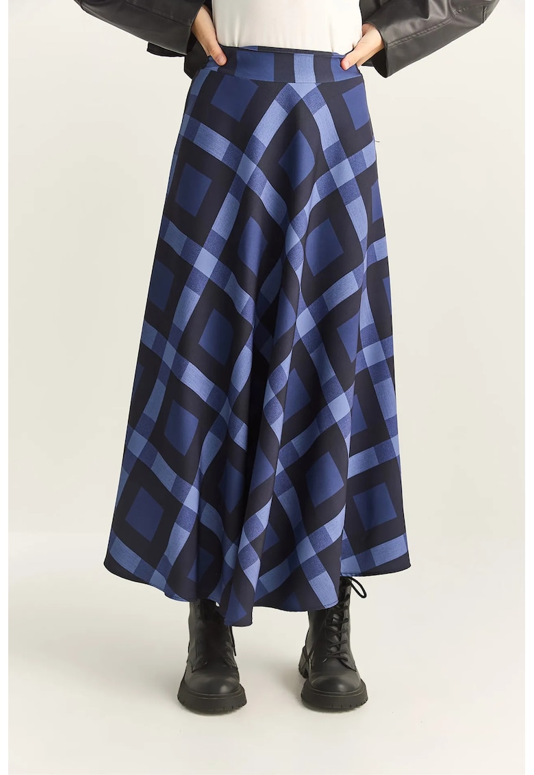 Fusta midi - model in carouri - talie inalta - albastru inchis
