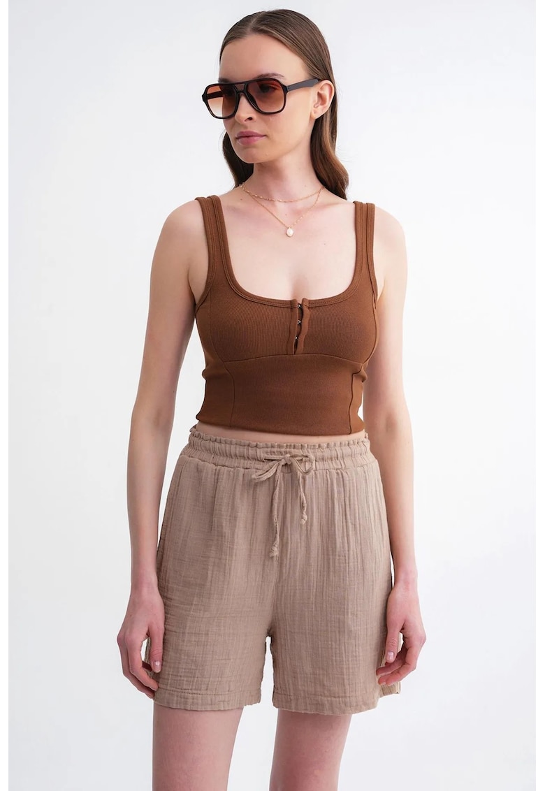 Pantaloni scurti dama - bumbac texturat - talie inalta - Bej Natural