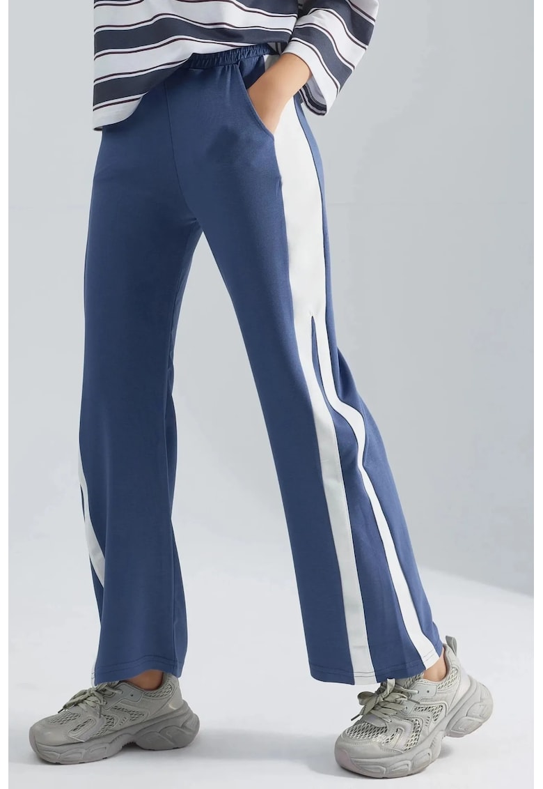 Pantaloni dama - talie inalta - picior larg - albastru - textil