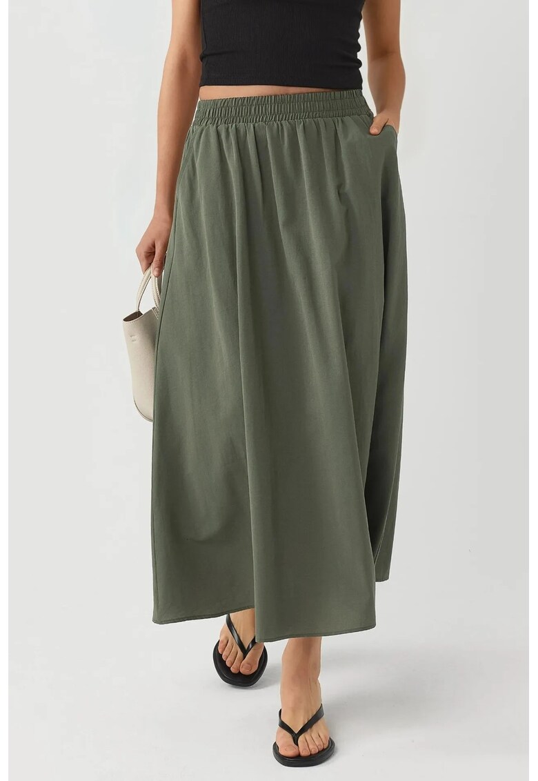 Fusta midi talie elastica - buzunare - kaki