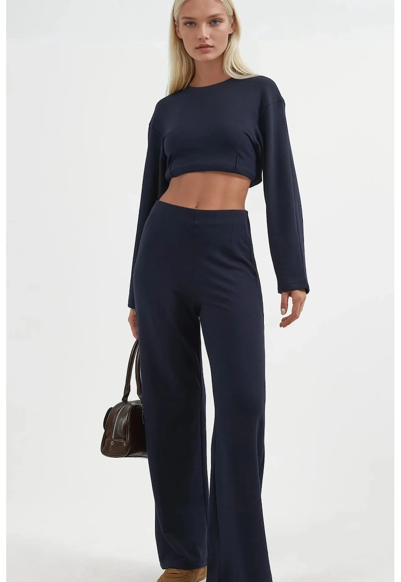 Pantaloni dama drepti - talie inalta - albastru marin - textil - Albastru marin