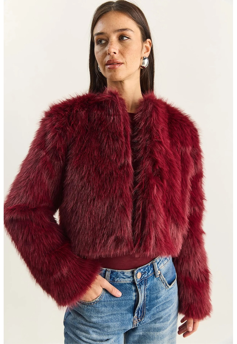 Palton scurt dama - din blana artificiala - visiniu