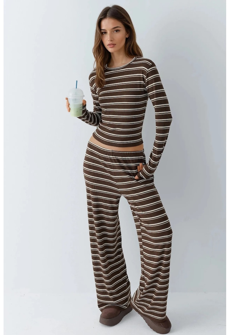 Compleu dama set coordonat cu pantaloni largi - dungi - maro castor