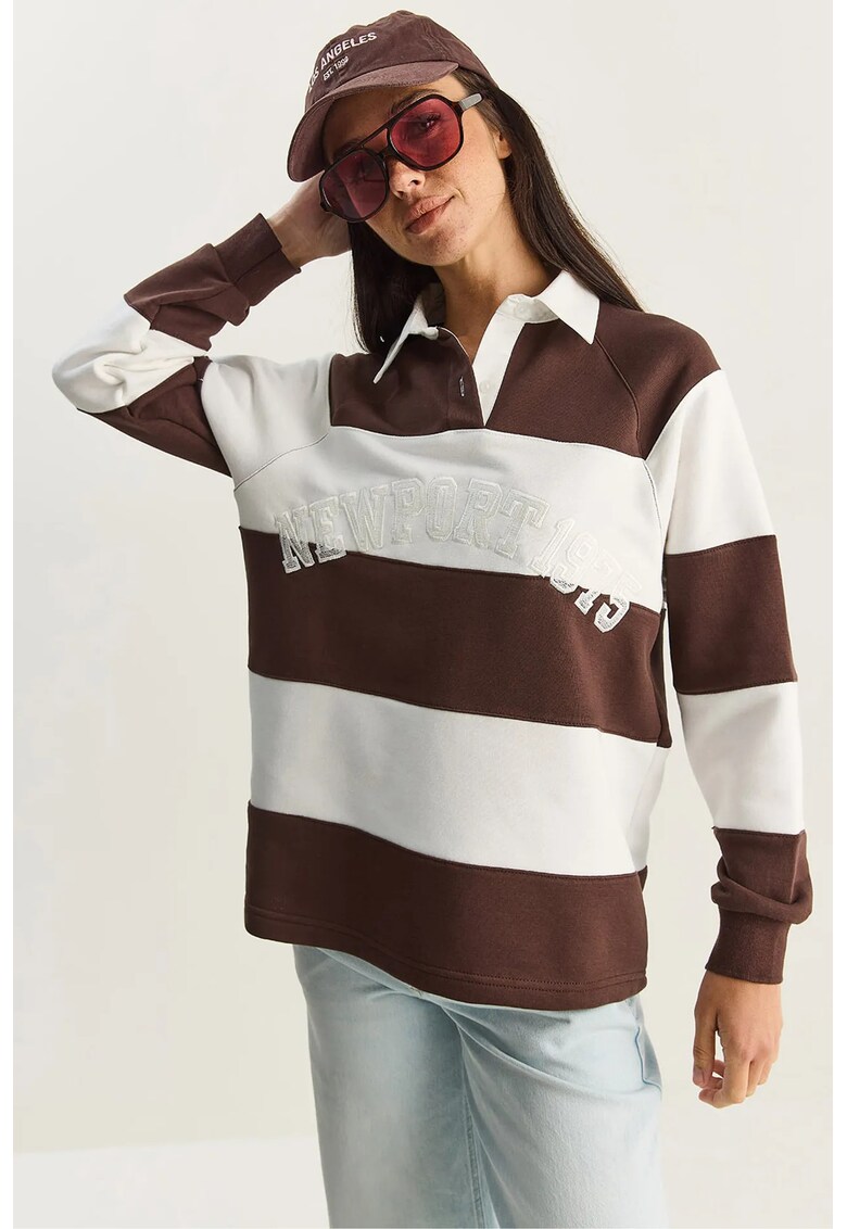 Hanorac dama oversized cu guler polo - alb maro - textil