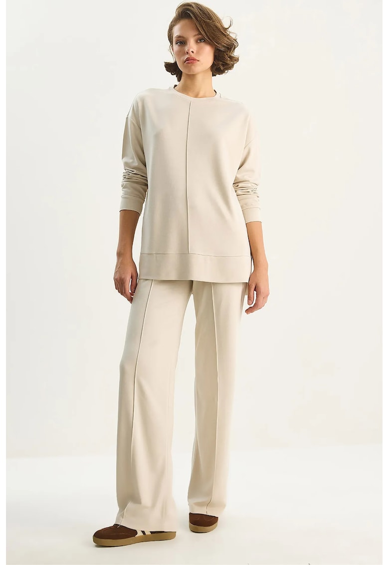 Compleu dama - set tricotat - talie inalta - picior larg - bej natural