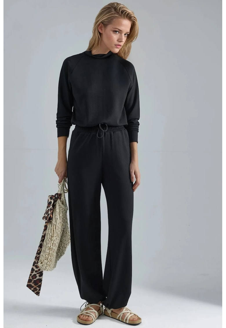 bluza cu guler pantaloni cu talie elastica - negru - Negru