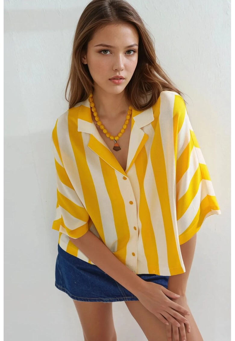 Camasa dama croiala relaxata - dungi - galben lamaie/alb - textil