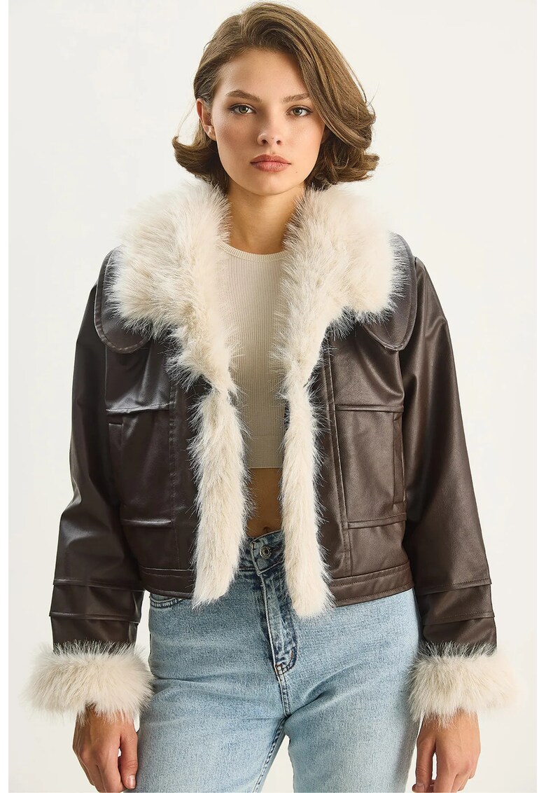 Geaca dama - din piele ecologica - detalii din blana artificiala - maro cafeniu/alb