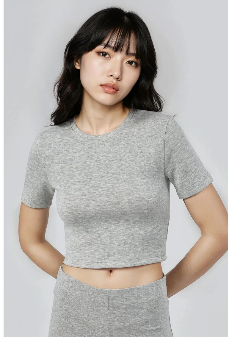 Top scurt elastic dama - gri deschis - jerseu - decolteu rotund