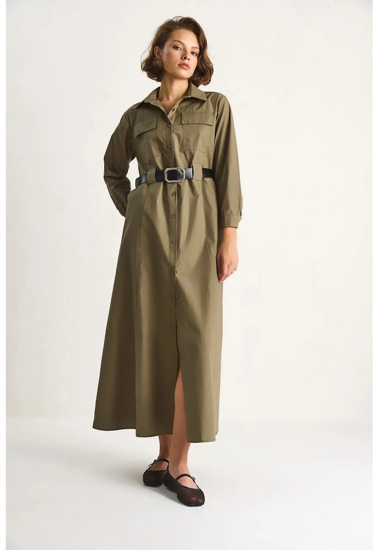 Rochie lunga guler tip camasa - kaki - textil