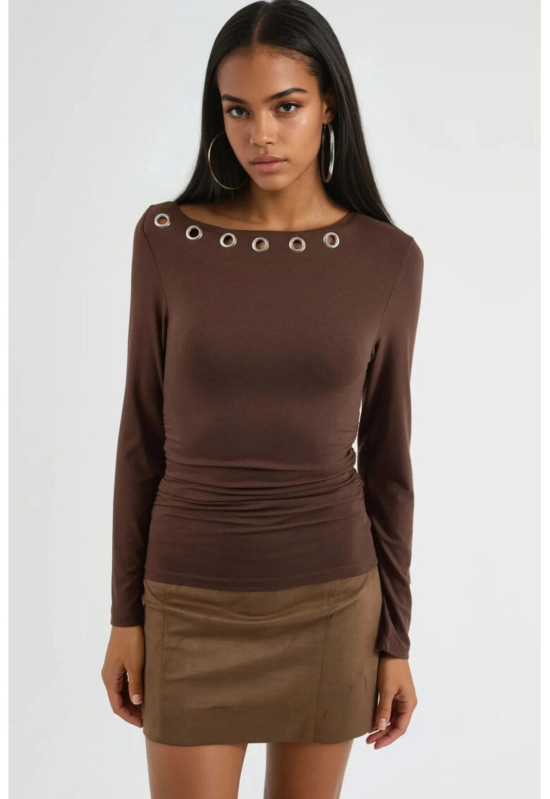 Bluza dama - decolteu barca - maneca lunga - maro - jerseu -