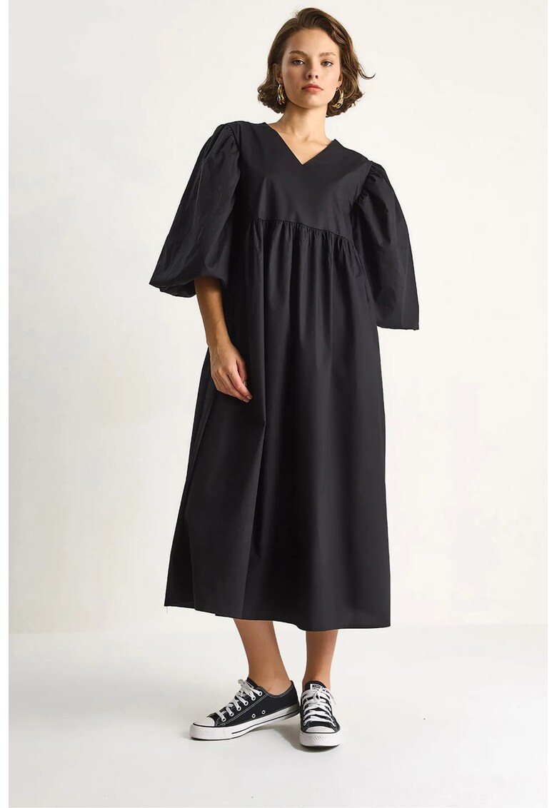 Rochie Midi - Decolteu in V - Negru - Textil