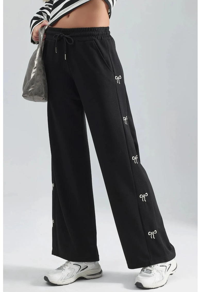 Pantaloni dama - cu detalii din funda - negru - textil