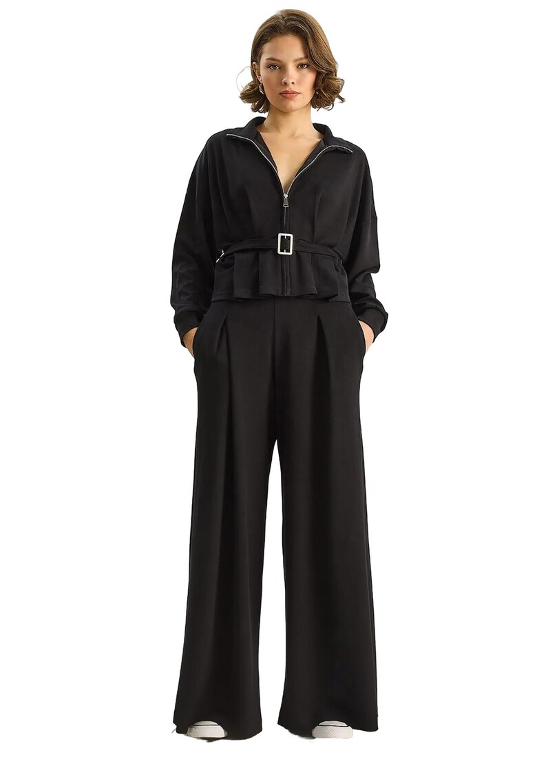 Costum dama - set din doua piese - jacheta si pantaloni cu centura - negru - tricotat