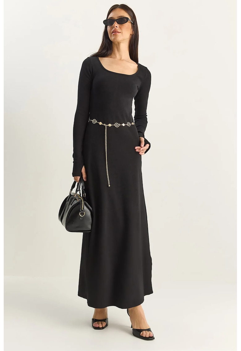 Rochie tricotata midi - neagra - jerseu